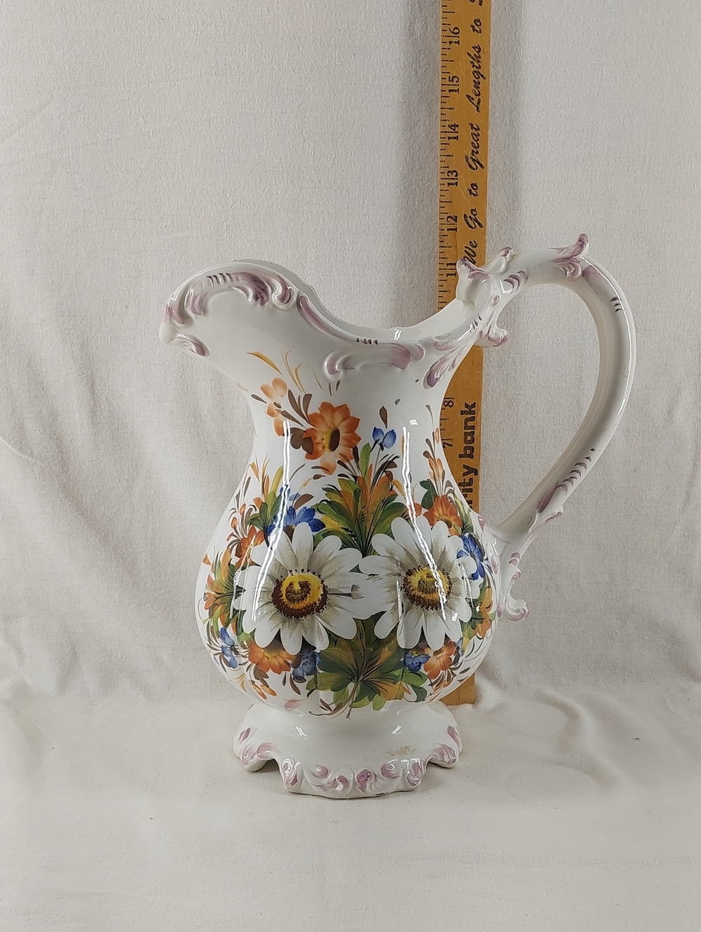 Floral Ceramic Pitcher Vase in White with Multicolor Flower Design